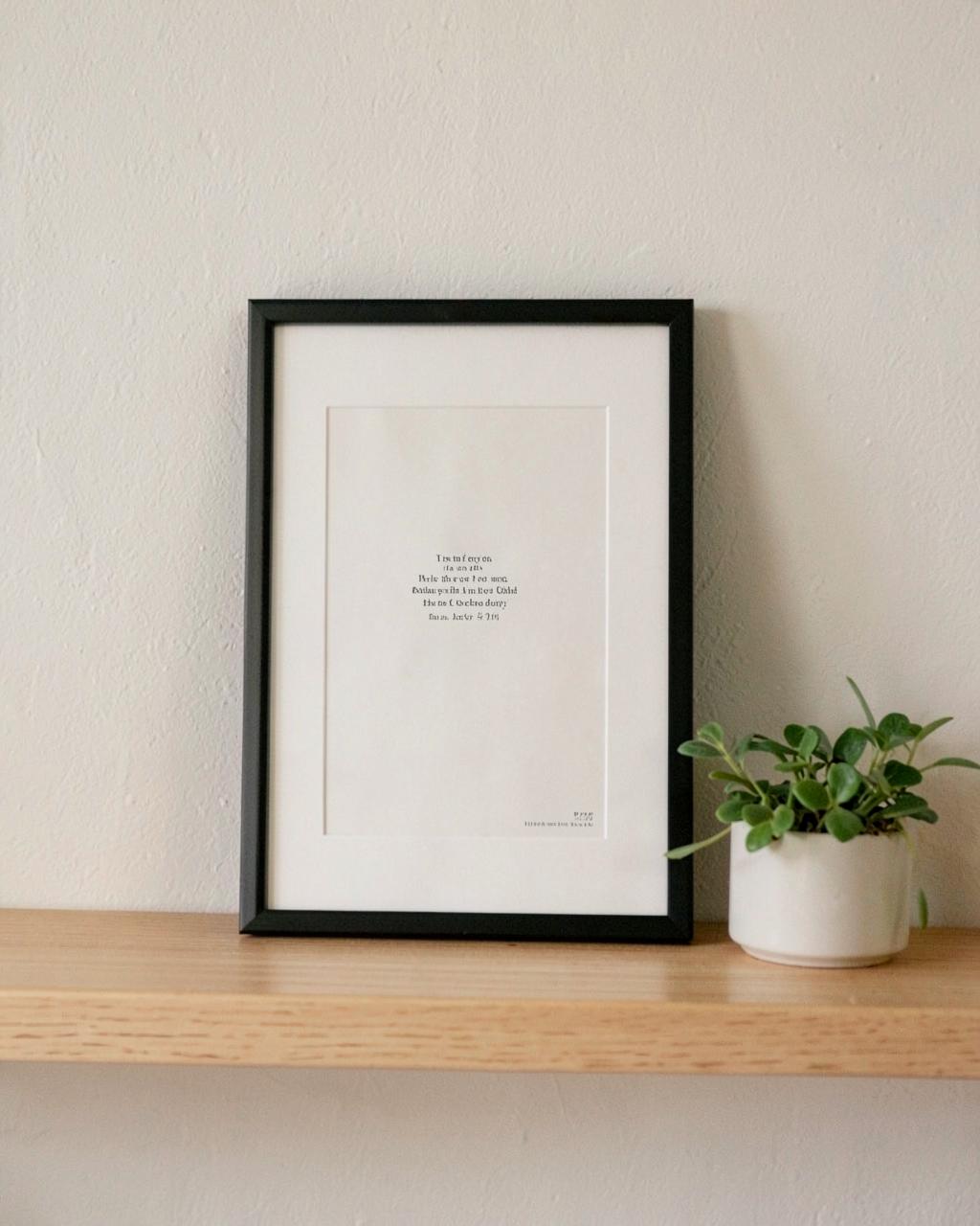 Framed Noise Flower poem print on a wooden shelf beside a plant
